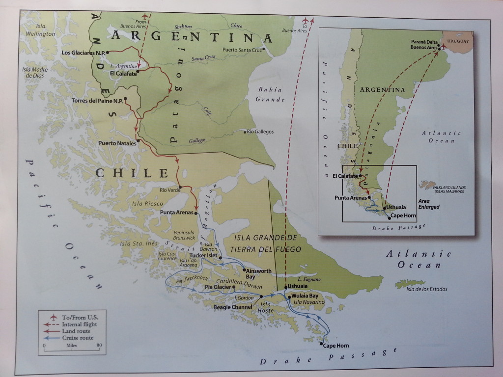 Map of the route we took through Patagonia.  Lines in red denote land travel, while those in blue are for the cruise. 