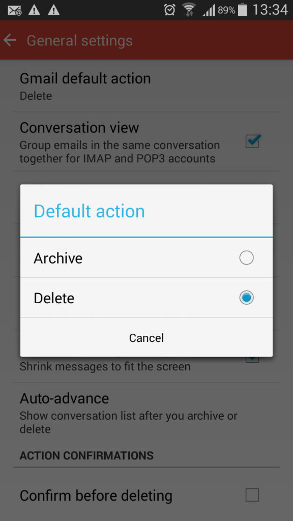 Option to select Archive or Delete as the default swipe action. 